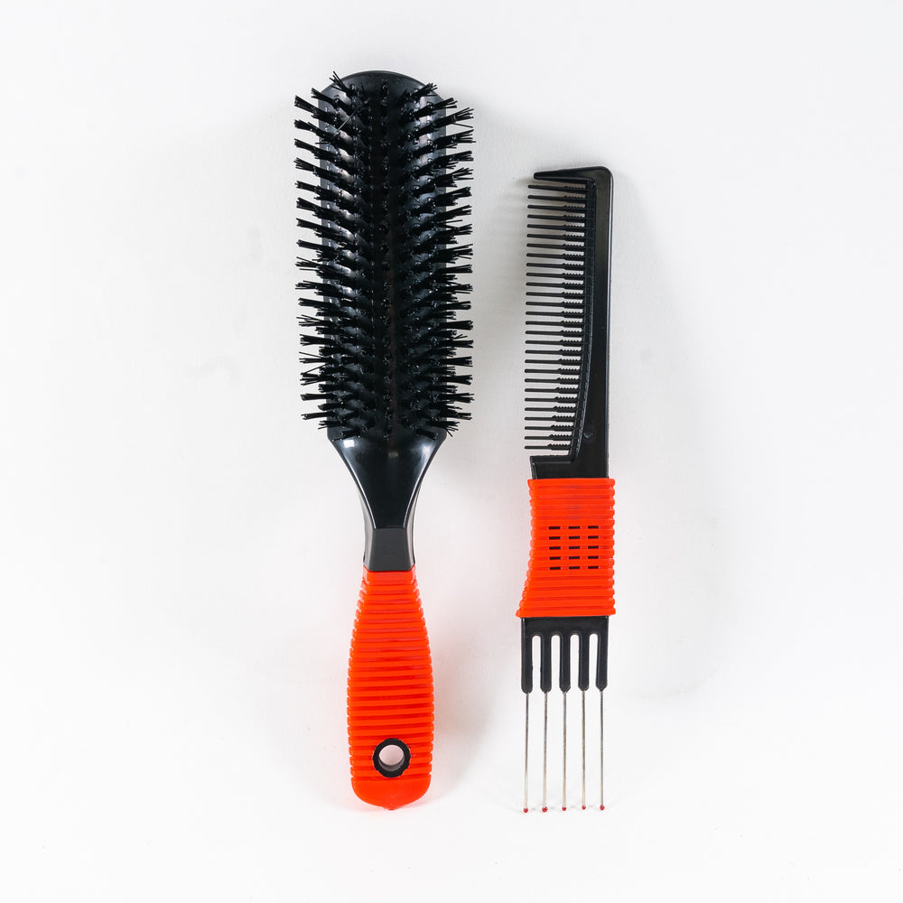 Boar Bristle Brush with Metal Comb Set